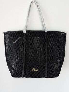 Victoria's Secret PINK Black Mesh Tote Bag with Black Polka Dot Pouch